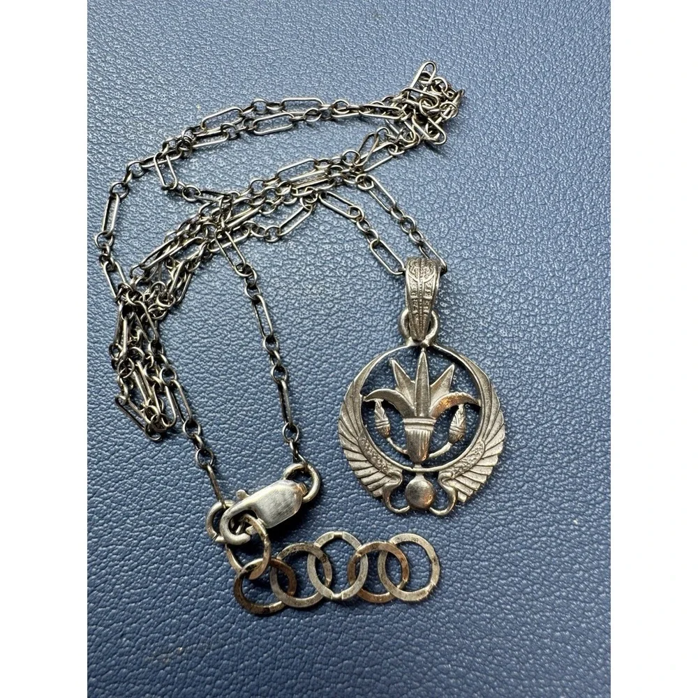 Vintage Egyptian Revival Lotus Winged Pendant Necklace Silver Tone Openwork